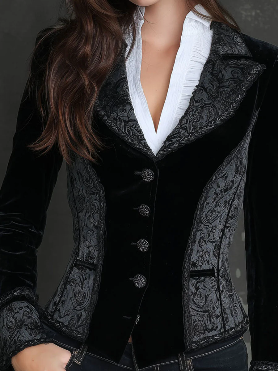 Baroque Black Velvet Print Sculpted Blazer - Image 3