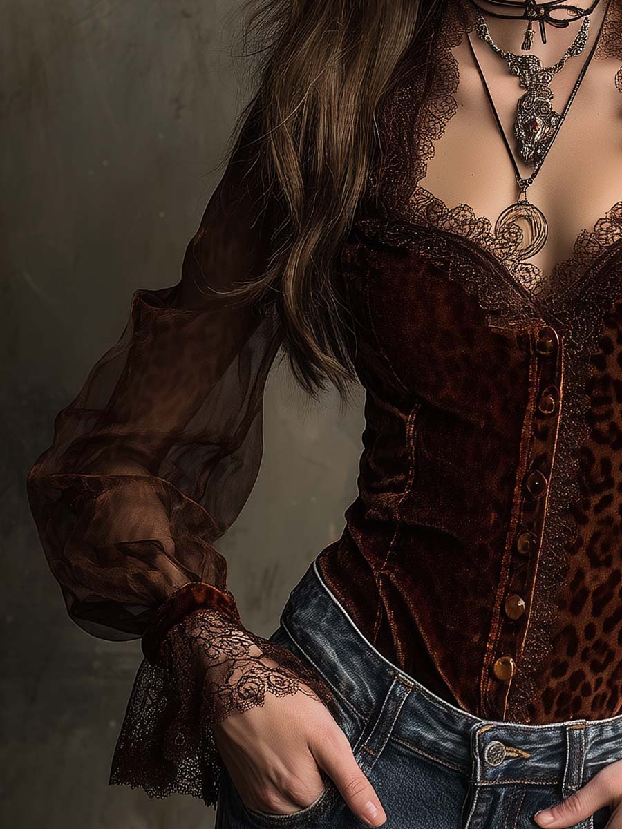 Baroque Leopard Velvet Top With Sheer Sleeves - Image 2