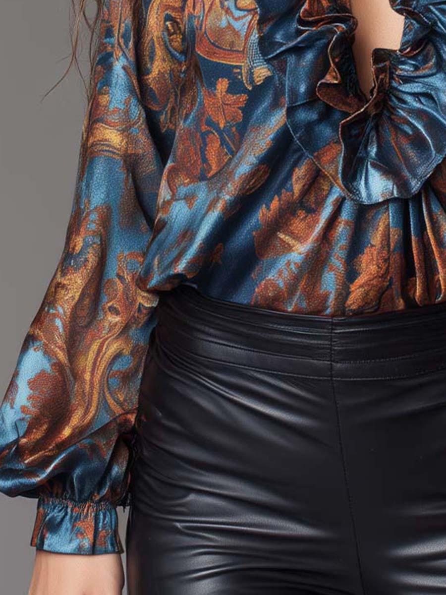 Baroque Print Satin Ruffle Blouse With V Front And Puff Sleeves - Image 3