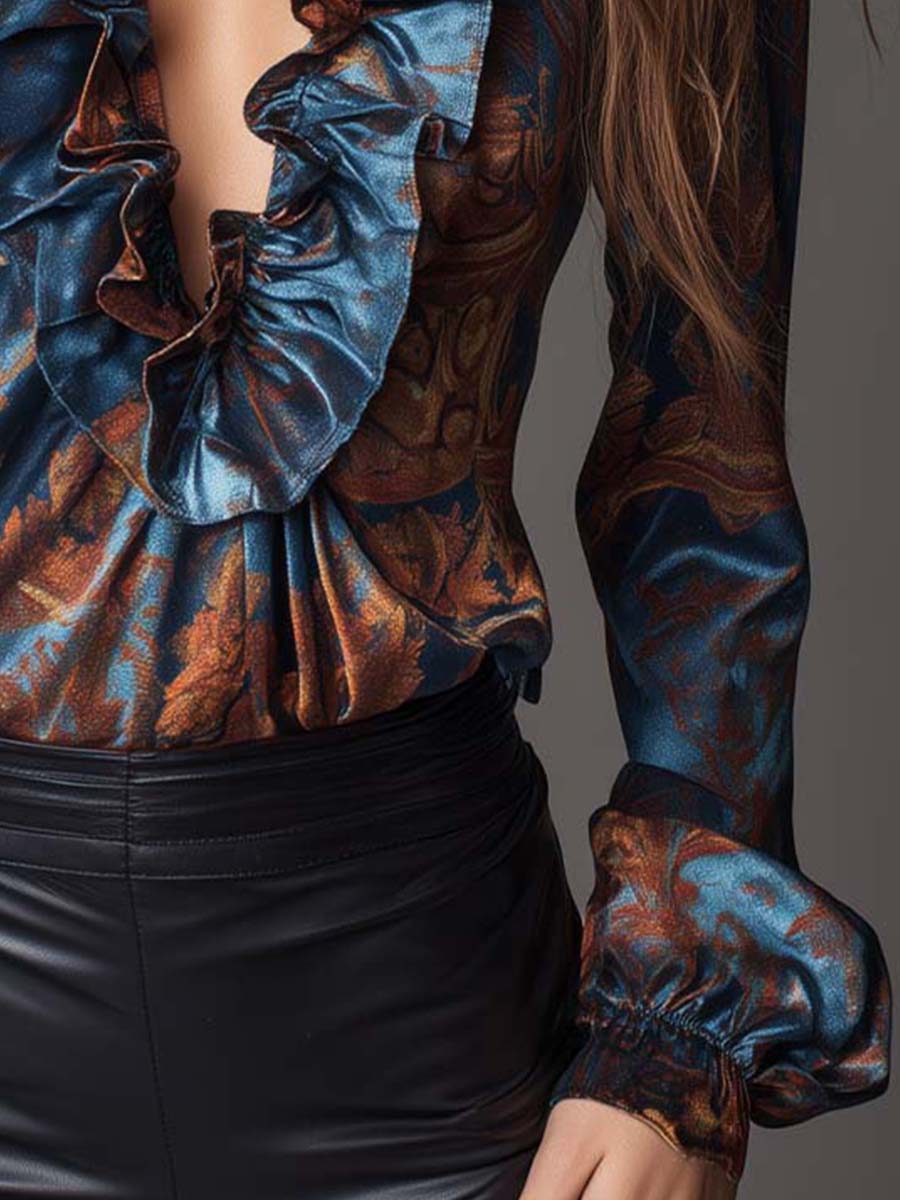 Baroque Print Satin Ruffle Blouse With V Front And Puff Sleeves - Image 4