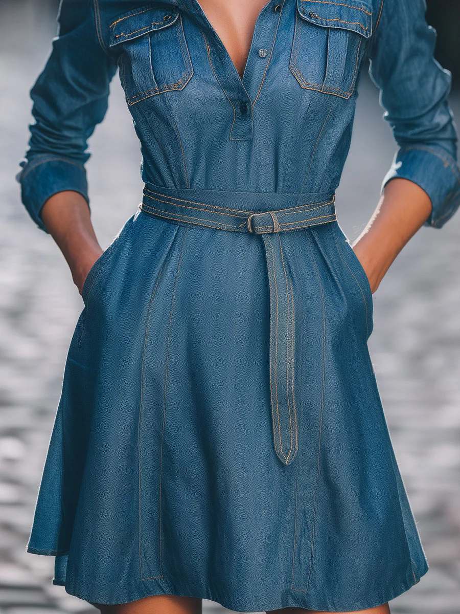 Belted Denim Shirt Dress With Flap Pockets - Image 3