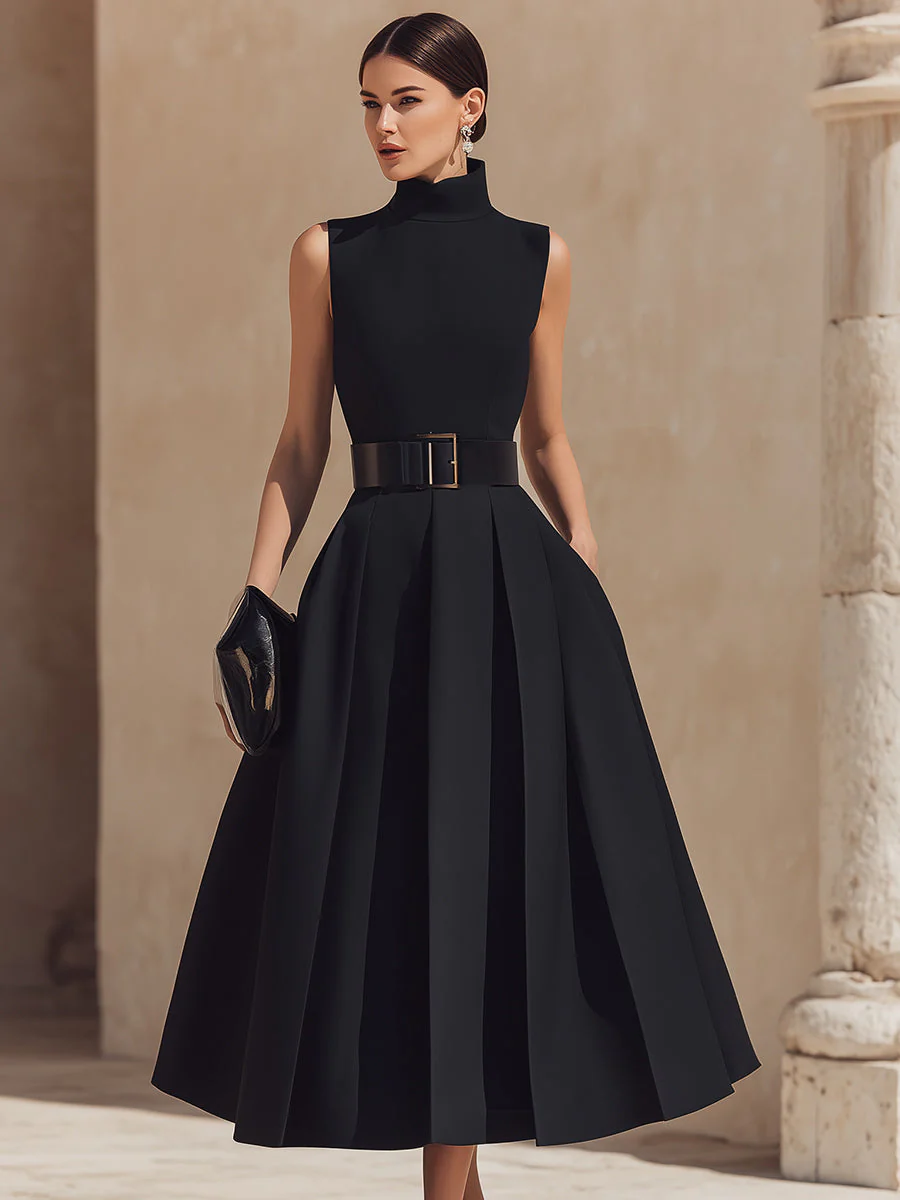 Belted High-Neck Pleated Midi Dress - Image 2
