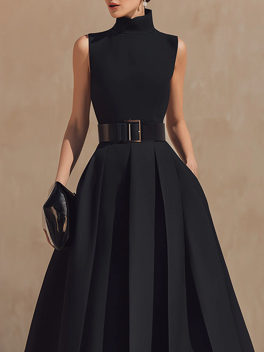 Belted High-Neck Pleated Midi Dress - Image 3