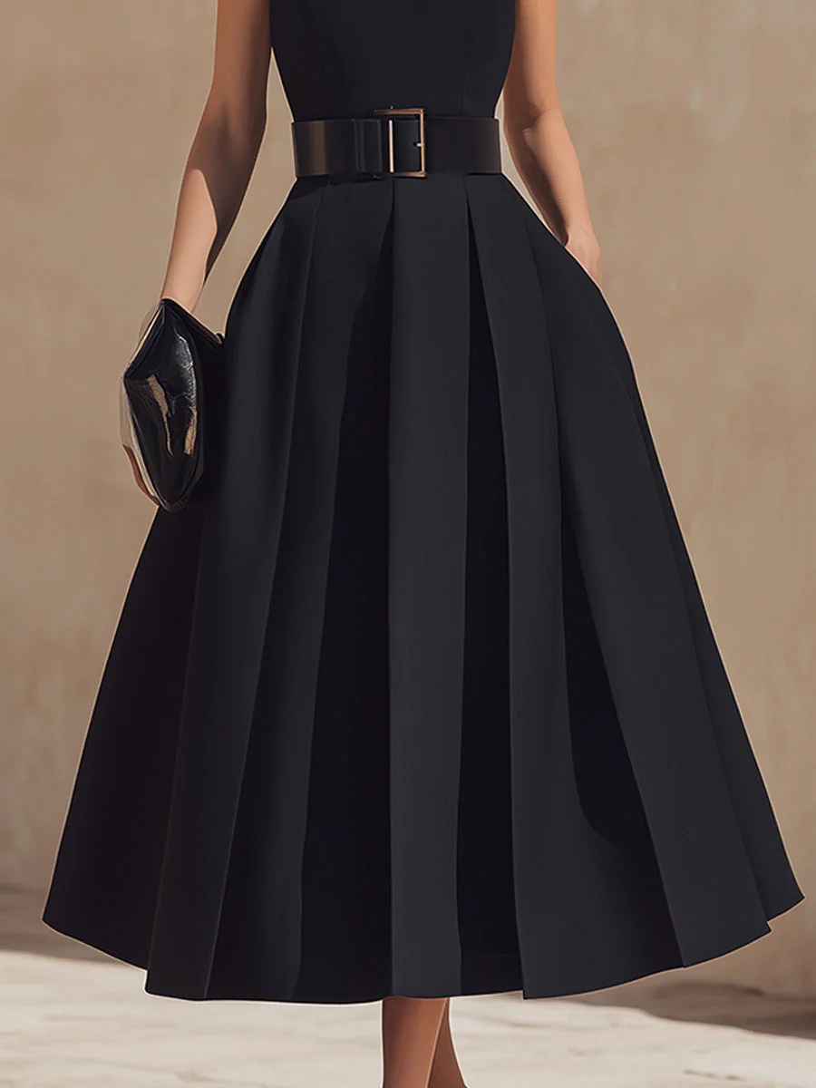 Belted High-Neck Pleated Midi Dress - Image 4