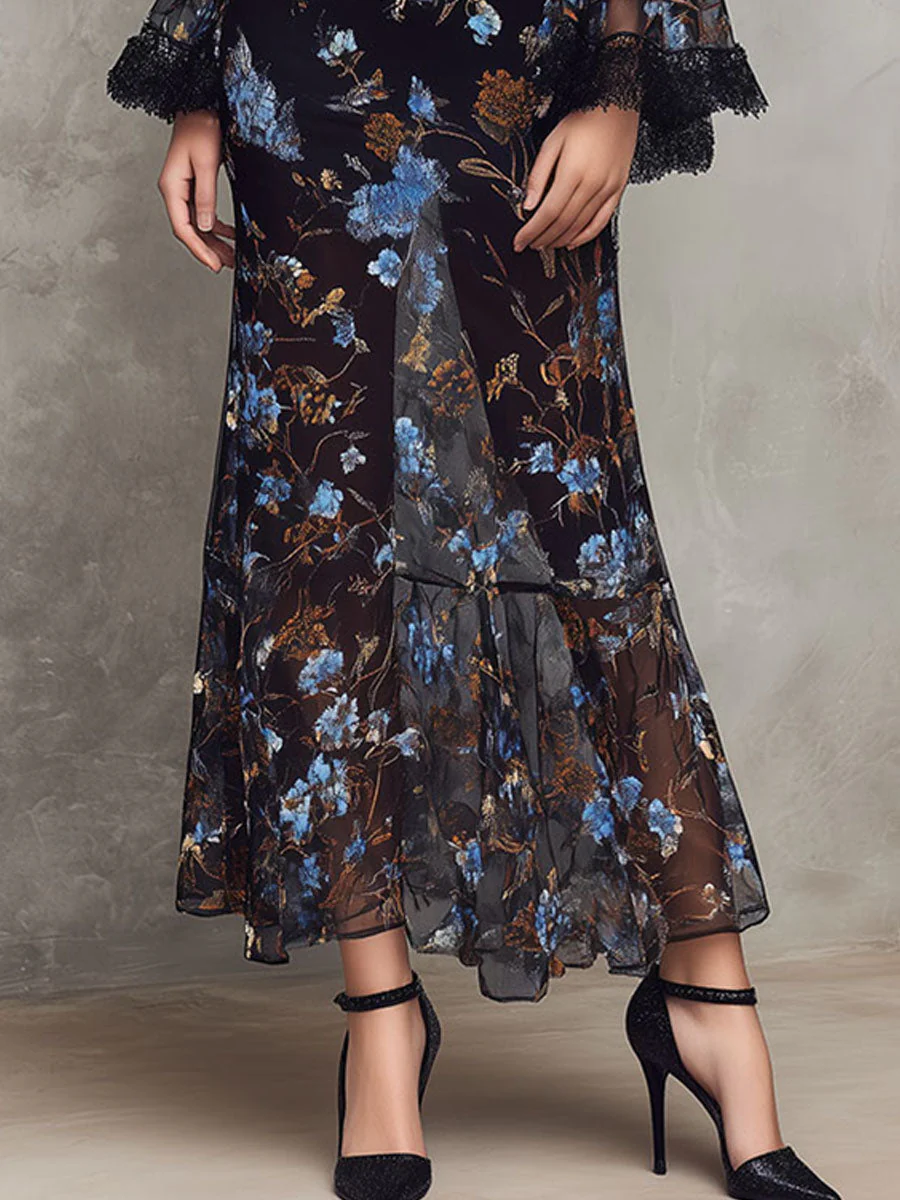 Black Floral Sheer Maxi Dress ¨C Lace-Trimmed Bell Sleeves & High Neck - Image 3