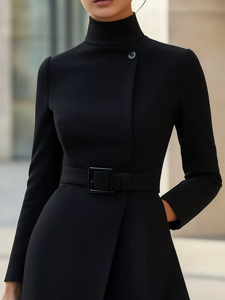Black High-Neck Asymmetric Belted A-Line Dress - Image 2