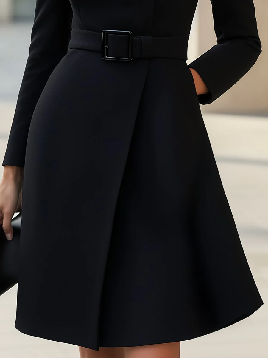 Black High-Neck Asymmetric Belted A-Line Dress - Image 3