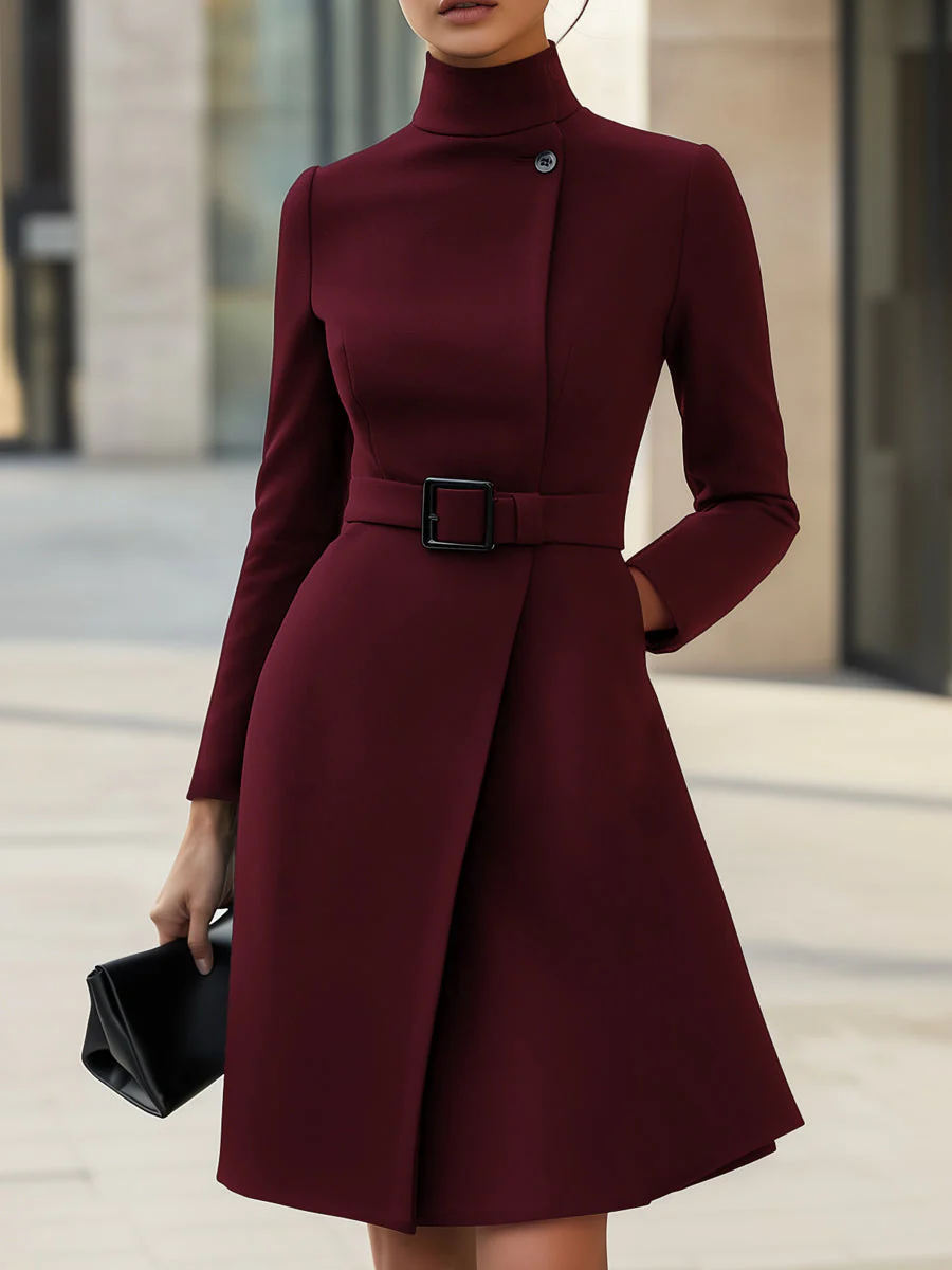 Black High-Neck Asymmetric Belted A-Line Dress - Image 4