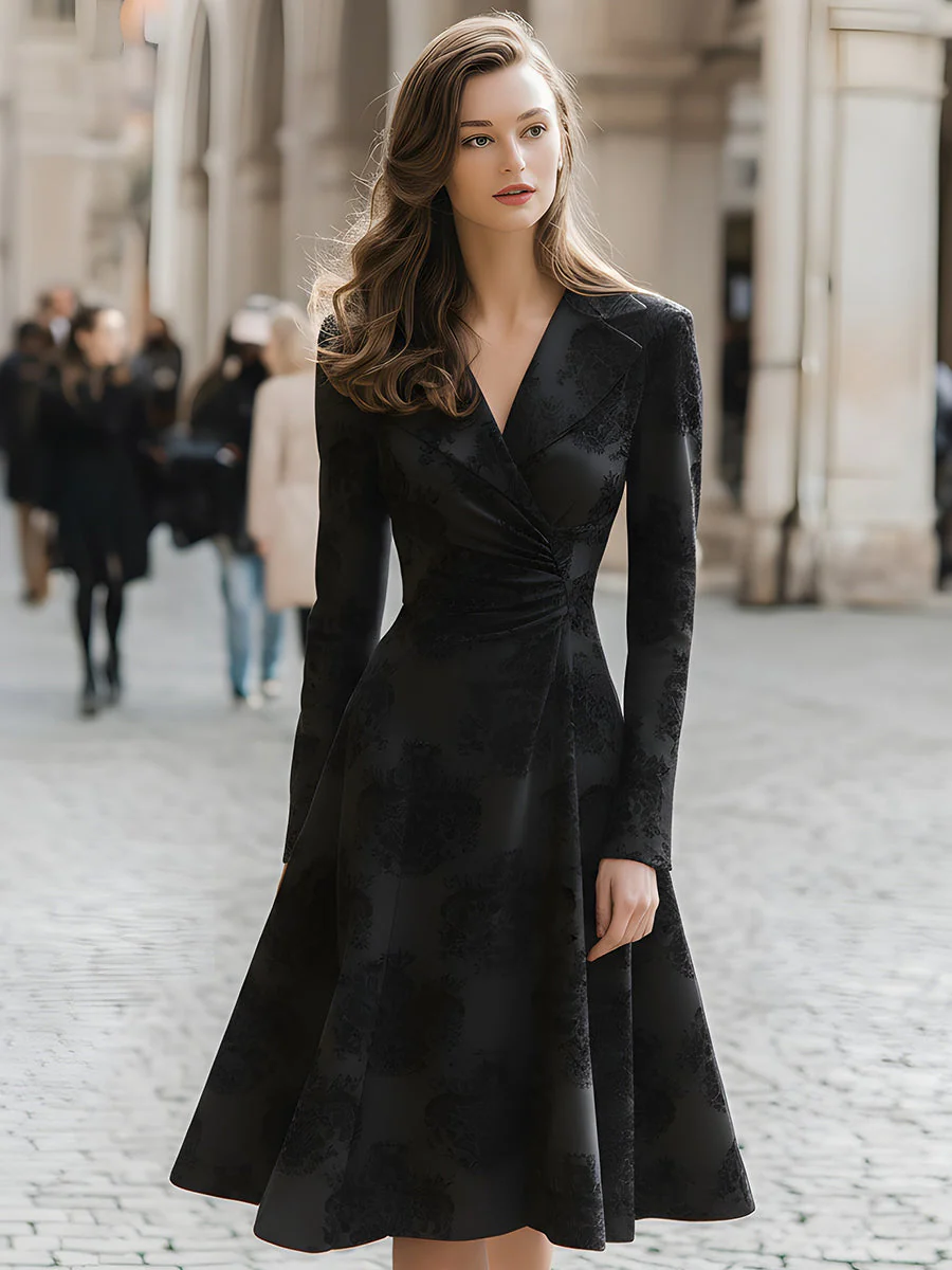 Black Jacquard Pleated Blazer Dress - Image 2