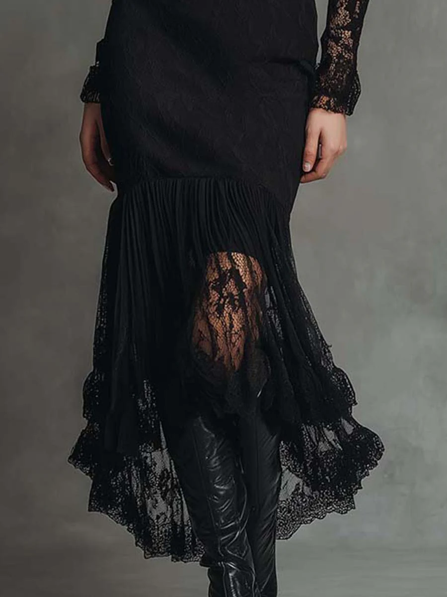 Black Lace-Panel Pleated Hem Maxi Dress - Image 3