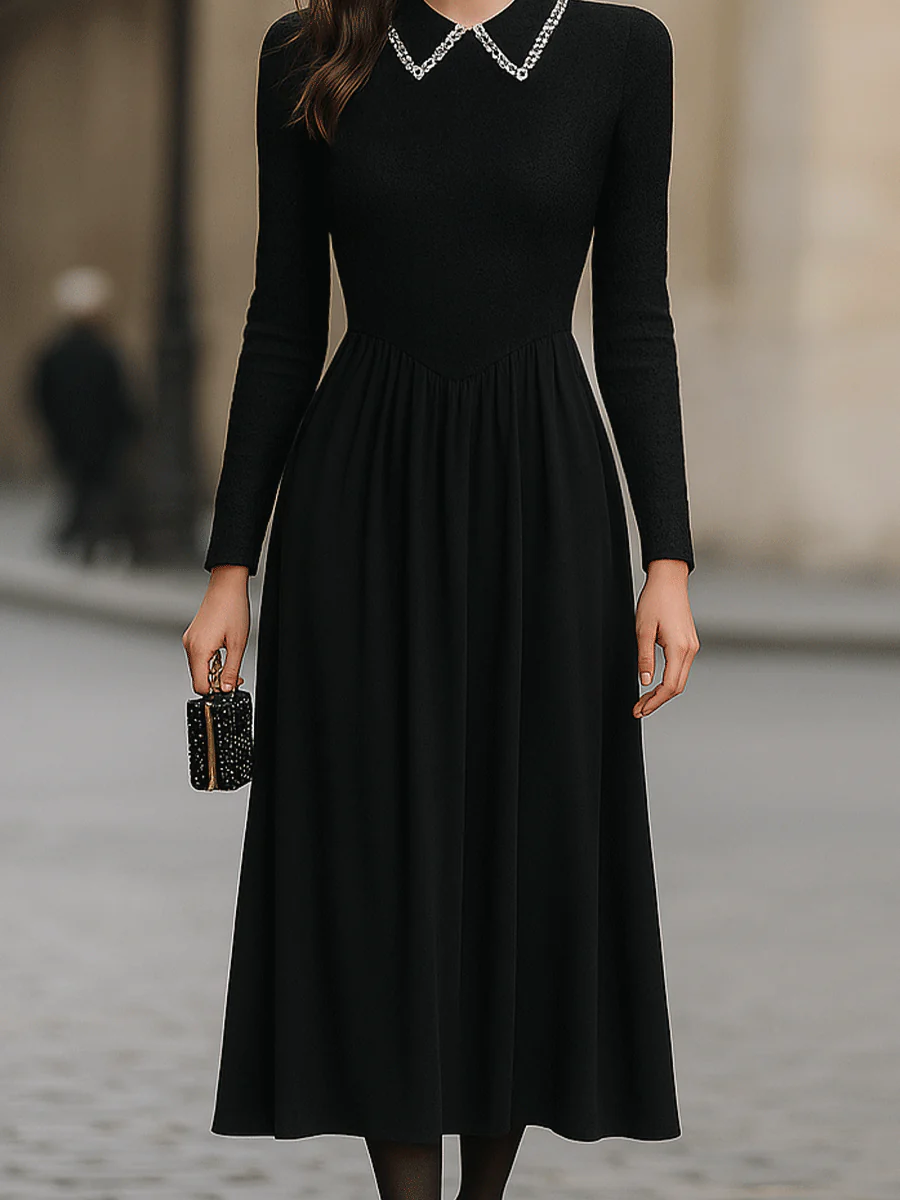 Black Long-Sleeve Midi Dress With Embellished Collar - Image 4