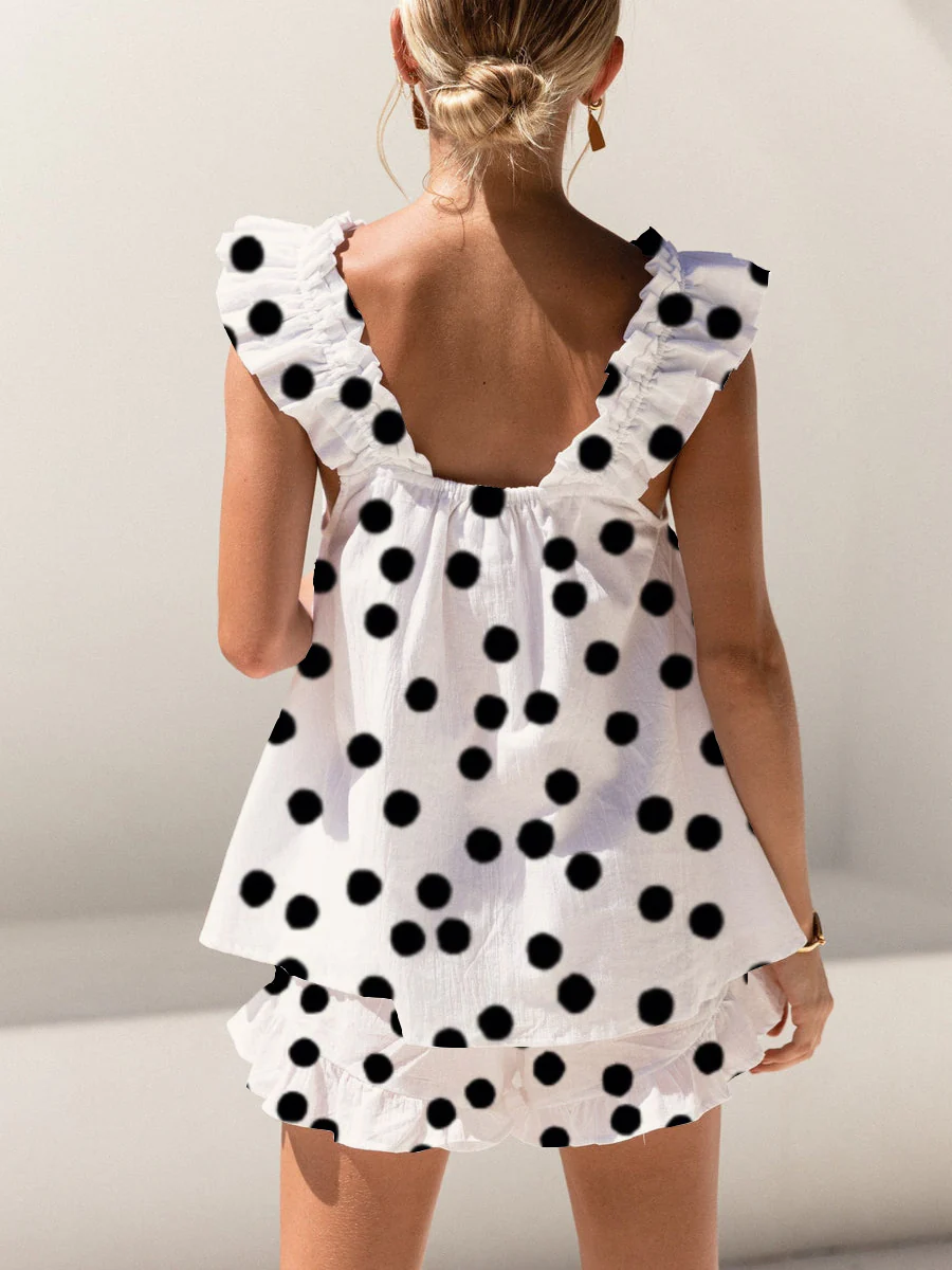 Black Polka Dot Print Ruffled Trim Short Tank Top Shorts Pajama Set - Image 2