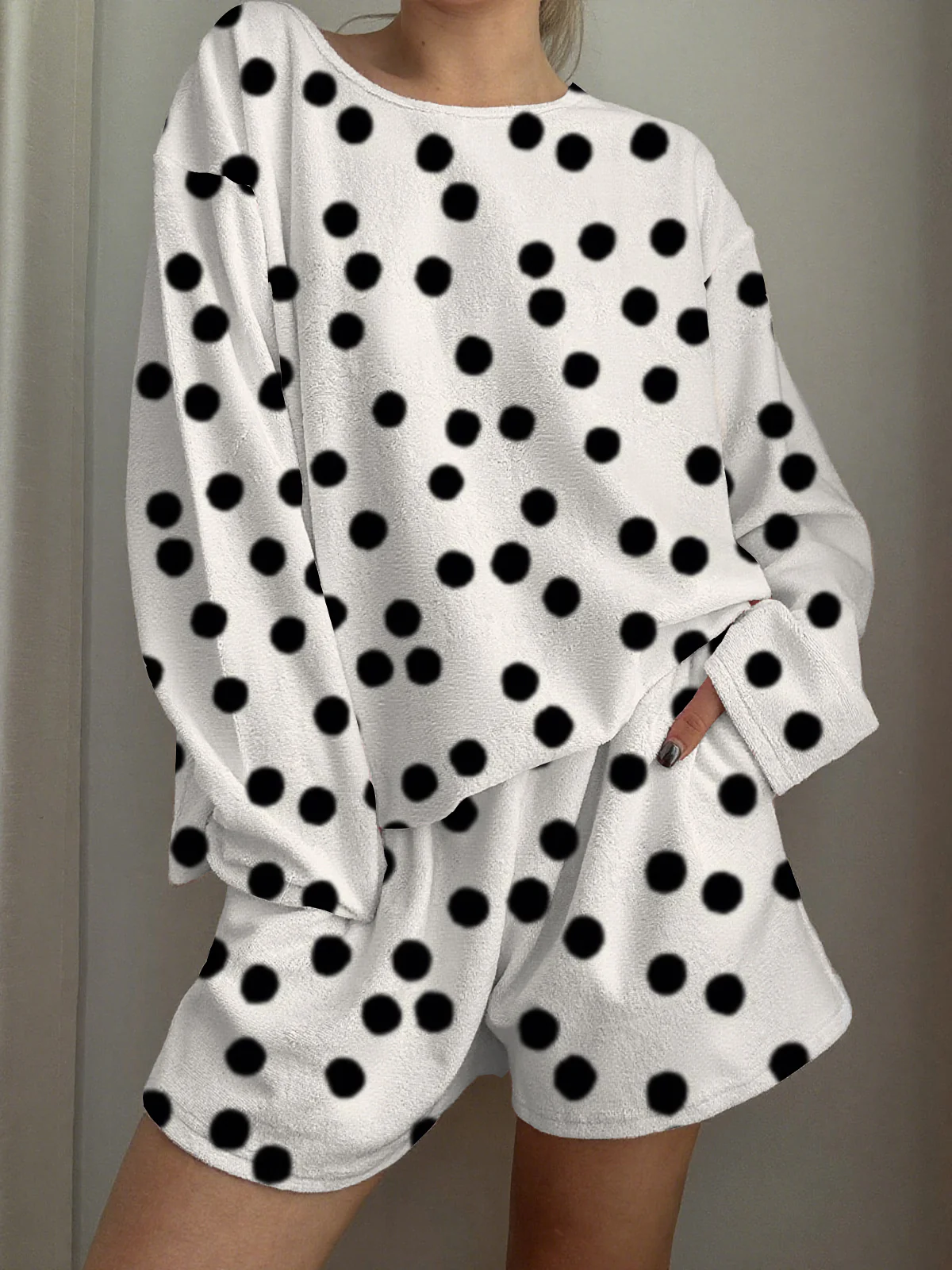 Black Polka Dot Printed Long-Sleeved Shorts Loungewear Set