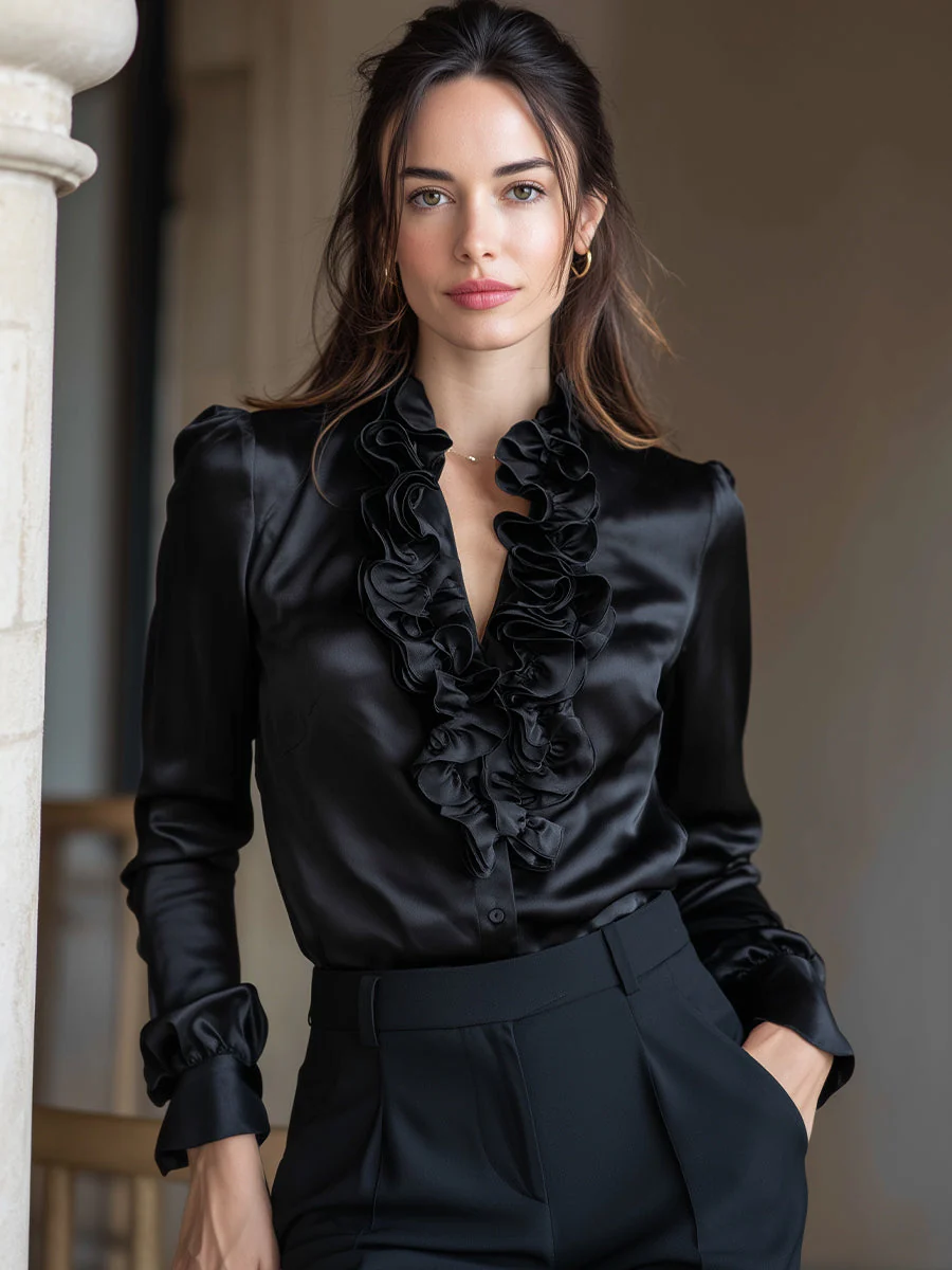 Black Satin Ruffled V-Neck Long Sleeve Blouse - Image 2