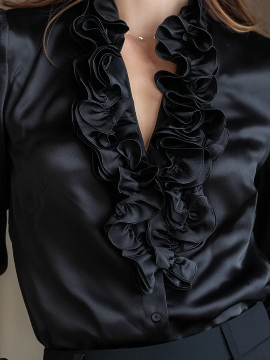 Black Satin Ruffled V-Neck Long Sleeve Blouse - Image 3