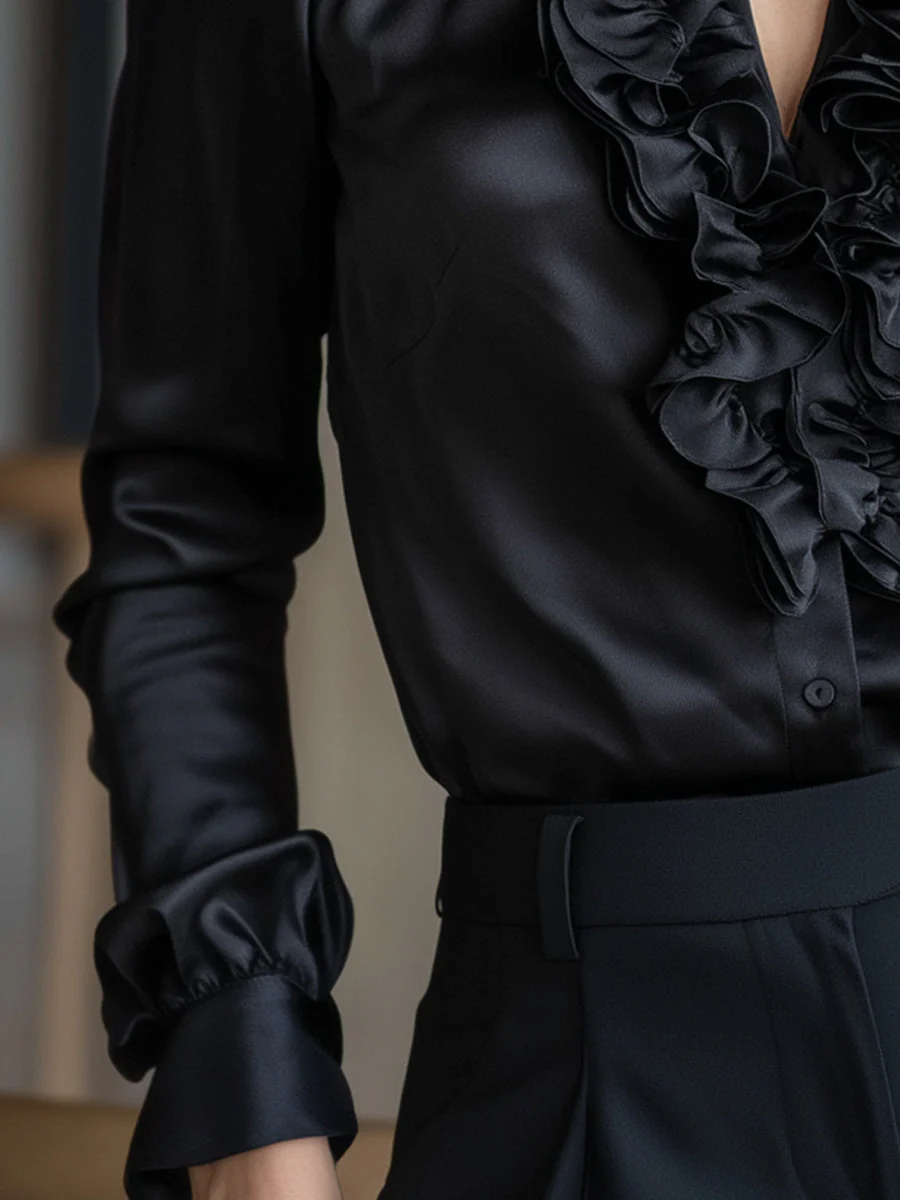 Black Satin Ruffled V-Neck Long Sleeve Blouse - Image 4