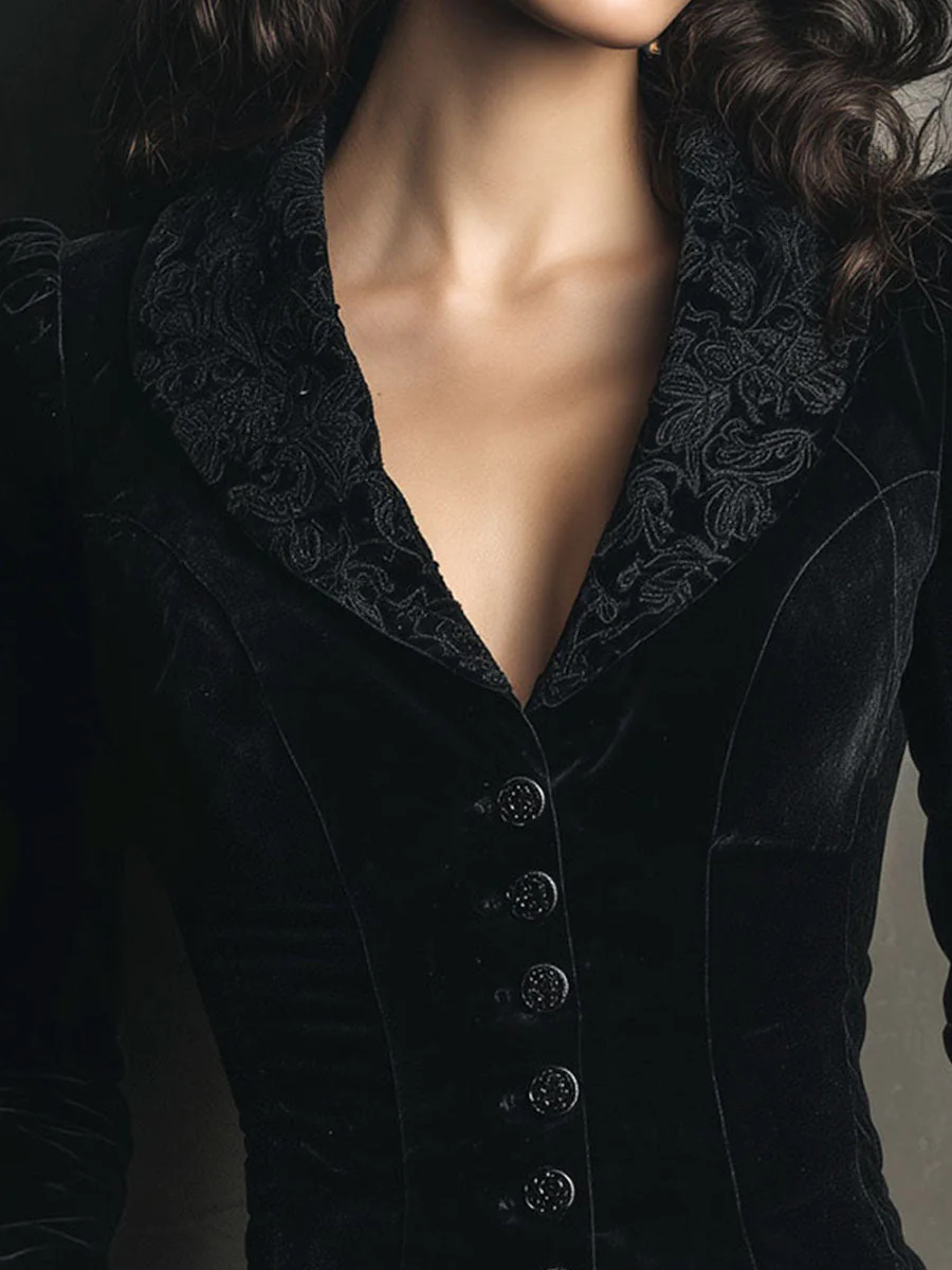 Black Velvet Embroidered Lapel Victorian Blazer Jacket - Image 2