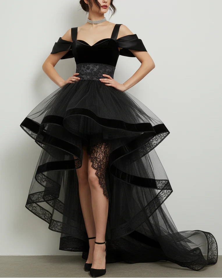 Black Velvet & Tulle High-Low Gown with Lace Accents