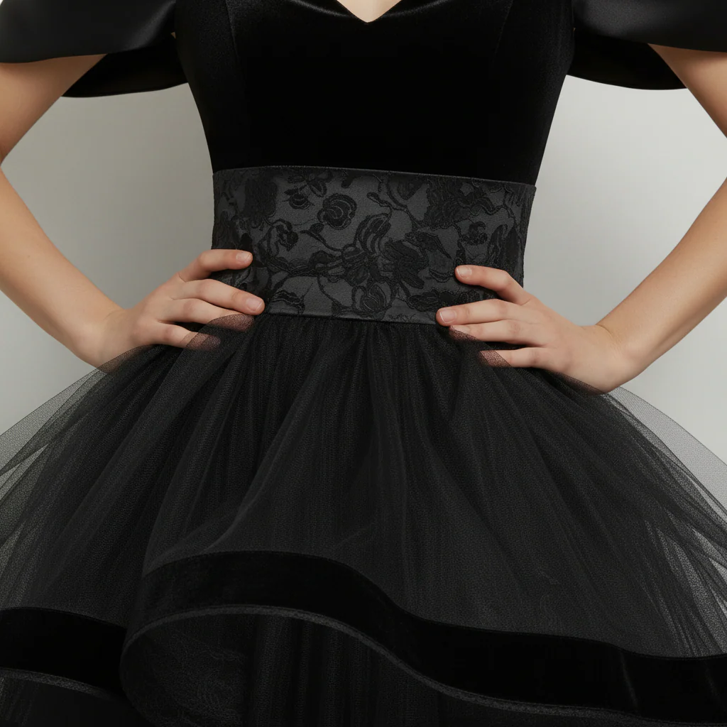Black Velvet & Tulle High-Low Gown with Lace Accents - Image 3