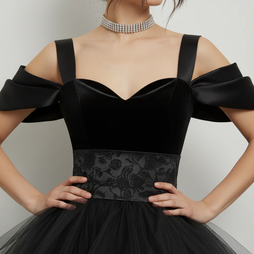 Black Velvet & Tulle High-Low Gown with Lace Accents - Image 4