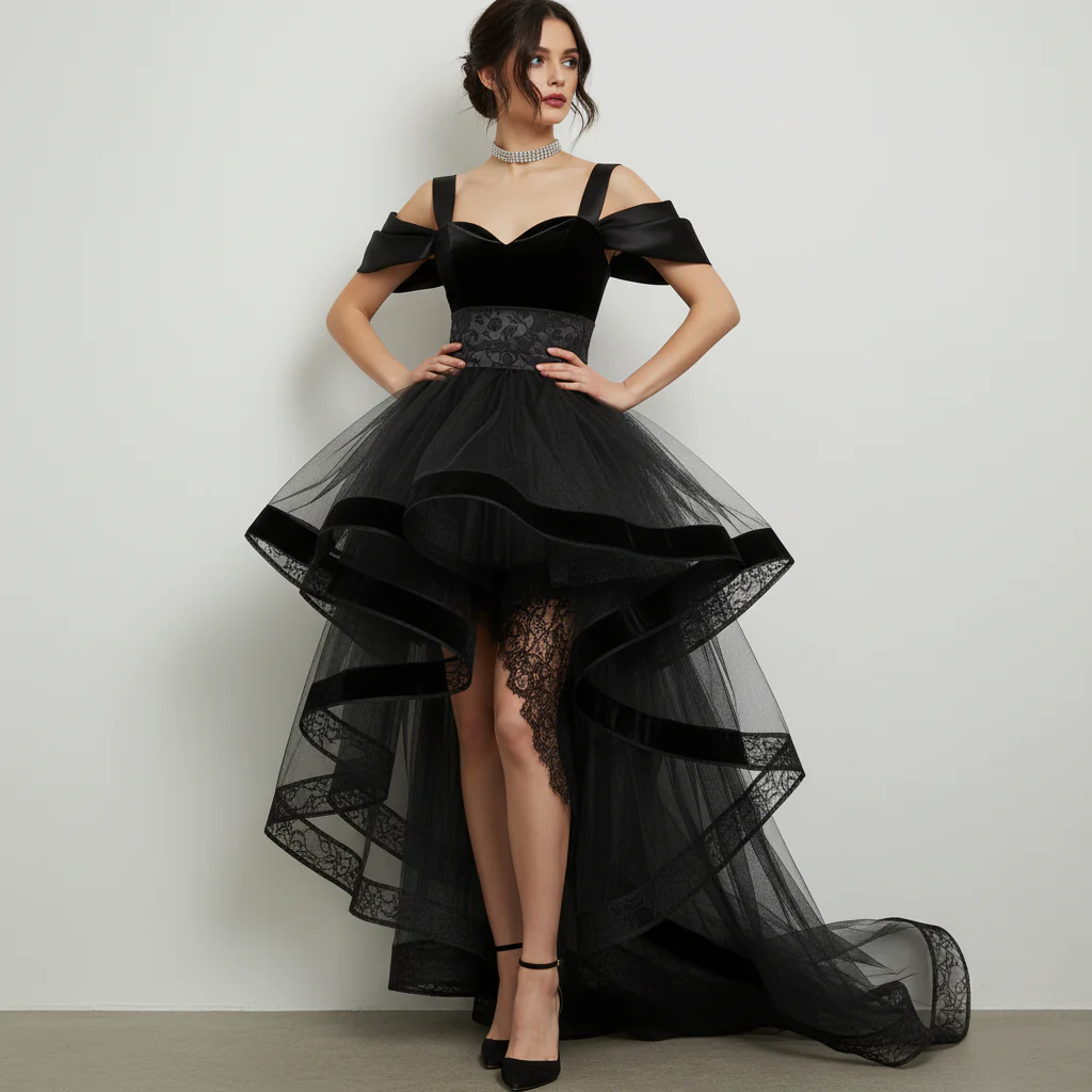 Black Velvet & Tulle High-Low Gown with Lace Accents - Image 5