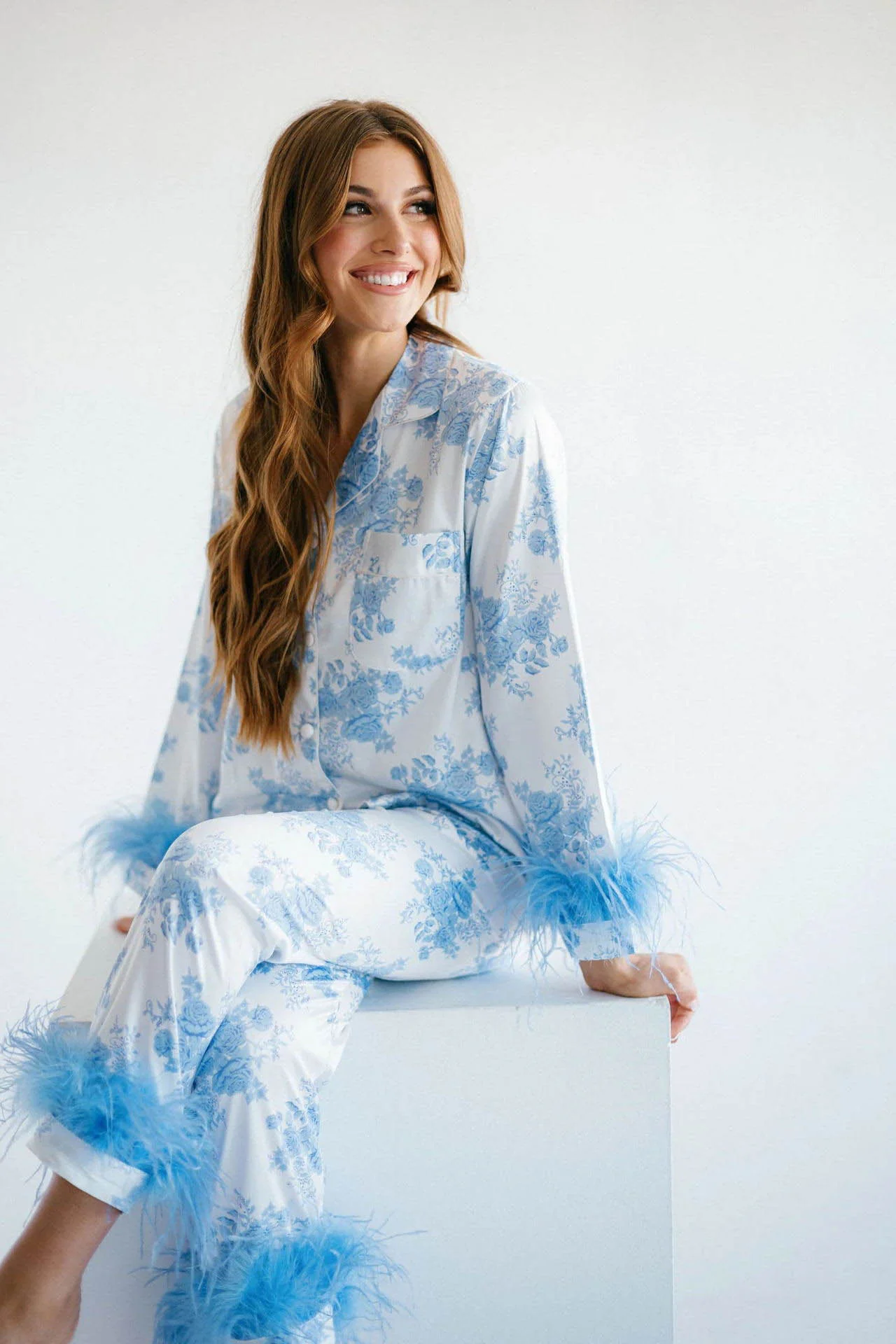 Blue Floral Print Satin Pajama Set - Image 10