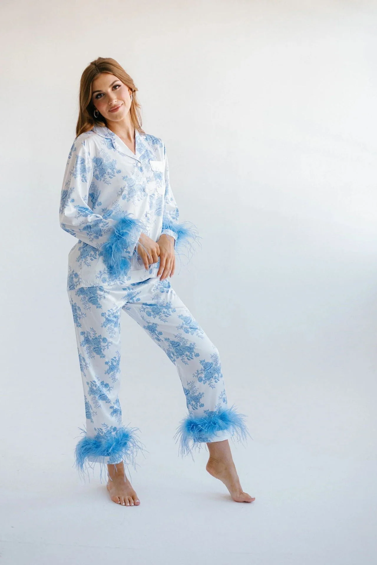 Blue Floral Print Satin Pajama Set - Image 7