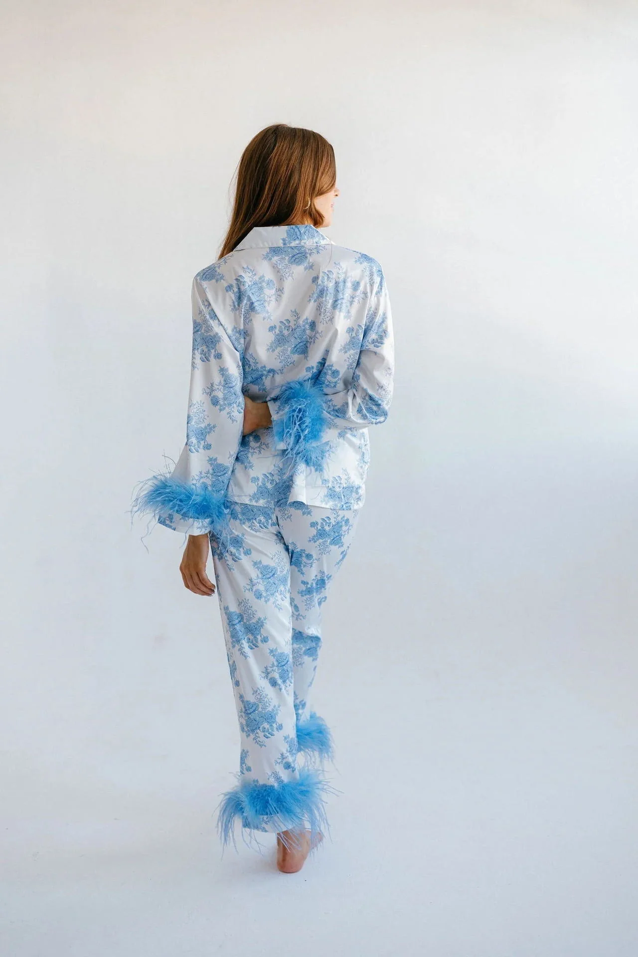 Blue Floral Print Satin Pajama Set - Image 8