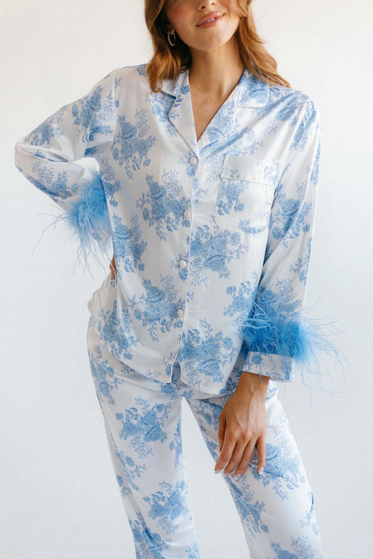 Blue Floral Print Satin Pajama Set - Image 9