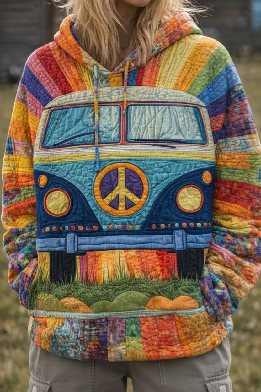 Blue Hippie Van Hoodie - Rainbow Tie-Dye Peace Symbol Sweatshirt