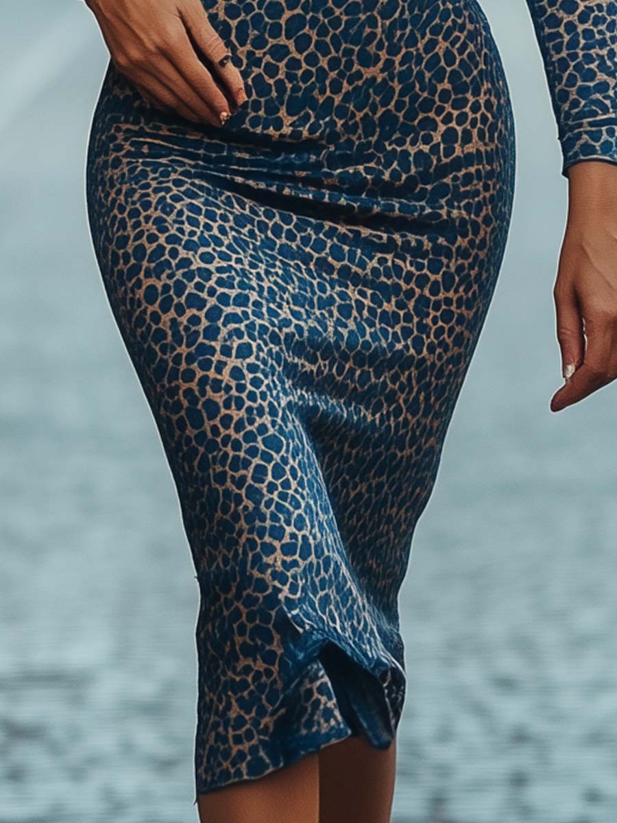 Blue Leopard Print Lace Bodycon Midi Dress - Image 5