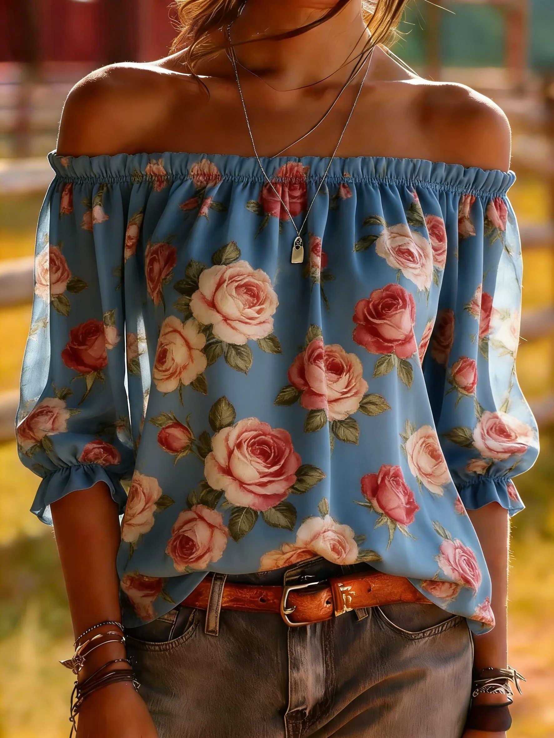 Blue Rose Floral Off-Shoulder Blouse - Romantic Garden Top