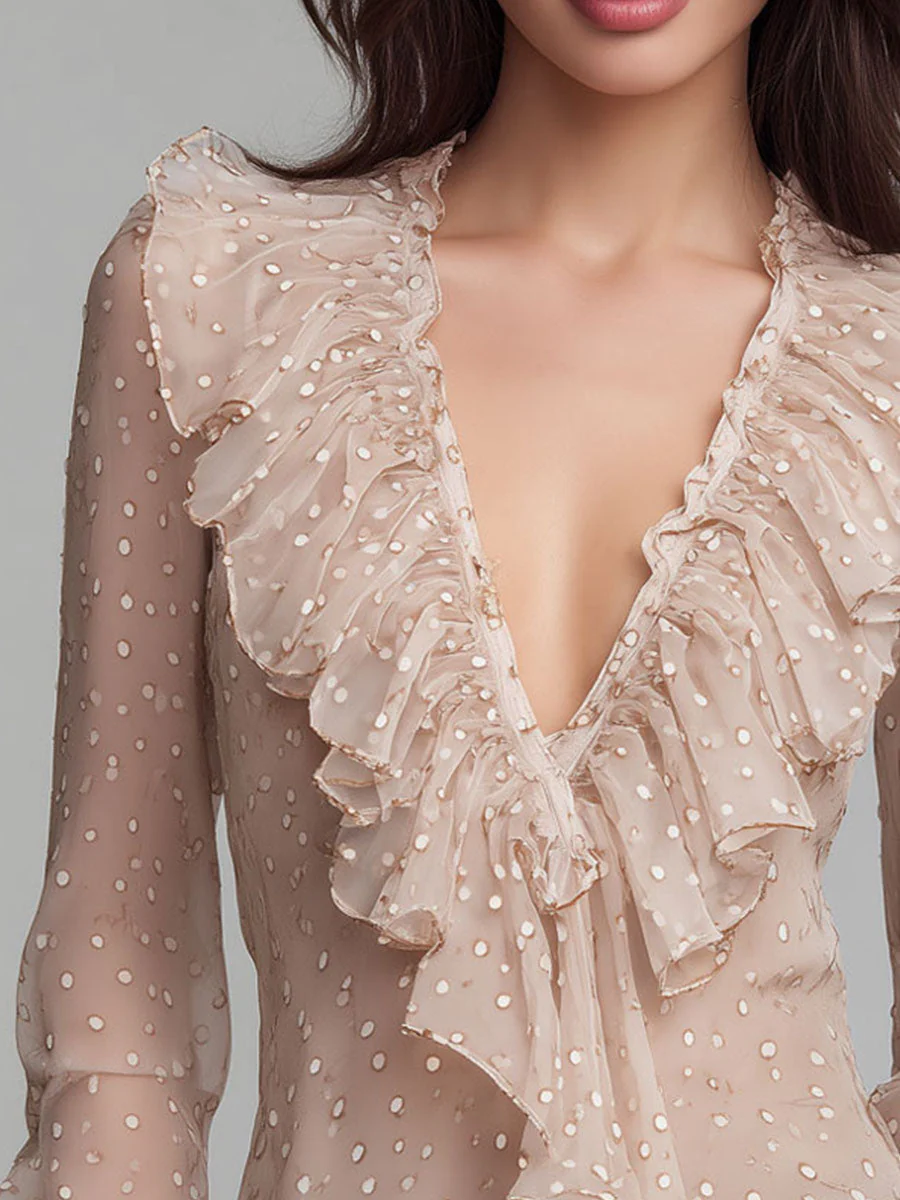 Blush Nude Asymmetric Ruffled Polka-Dot Sheer Blouse - Image 2