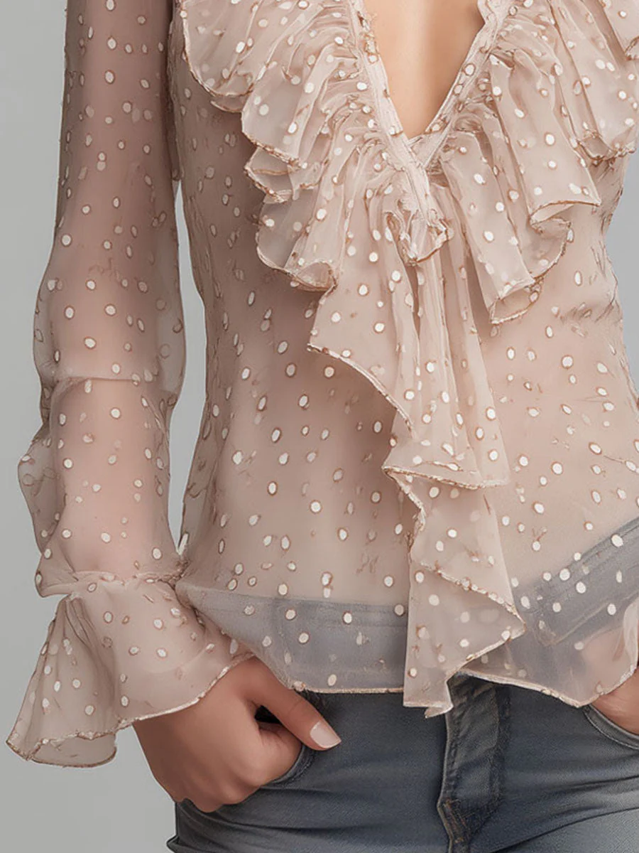 Blush Nude Asymmetric Ruffled Polka-Dot Sheer Blouse - Image 3