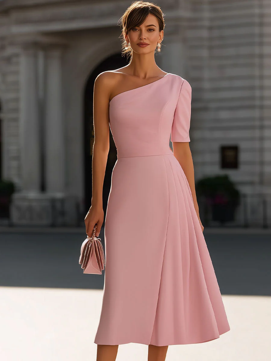 Blush Pink One-Shoulder Midi Dress - Image 2