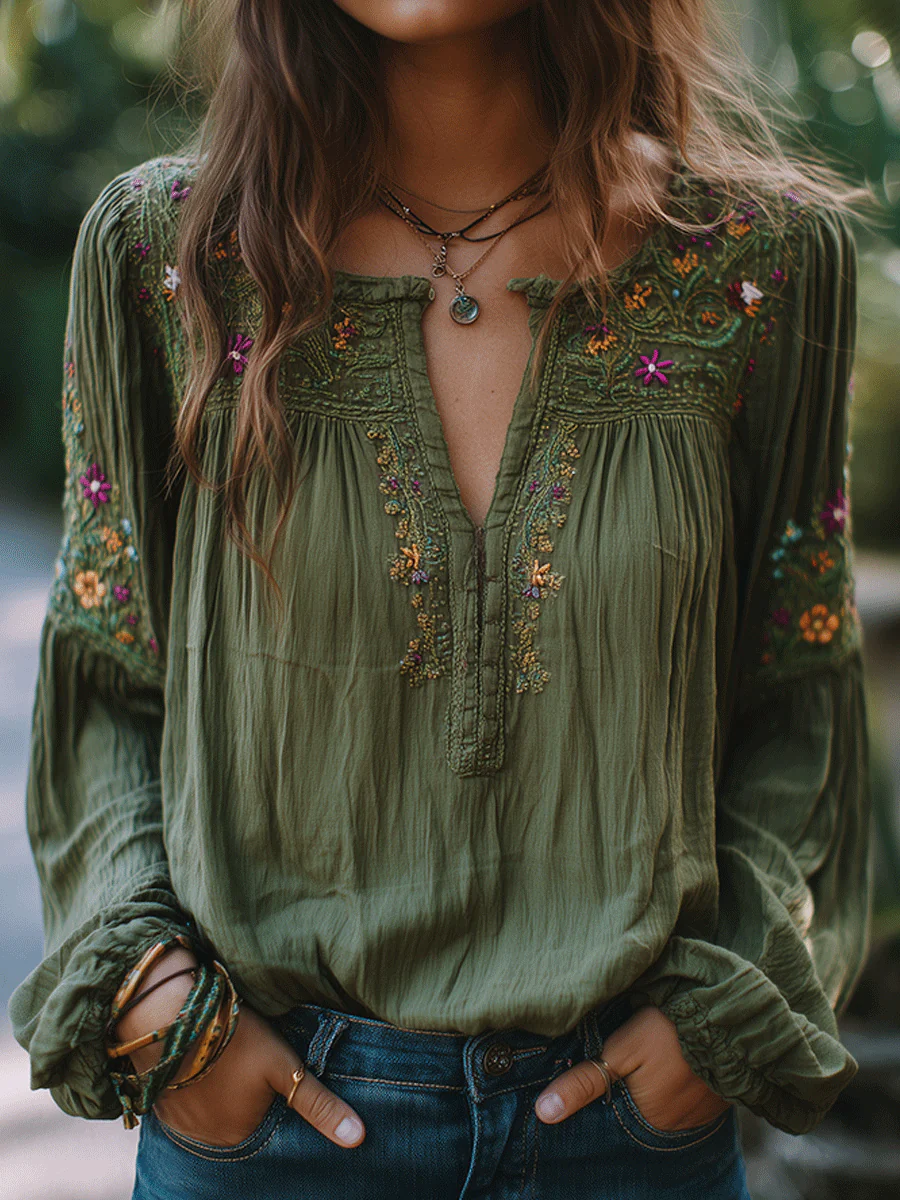 Bohe Floral Embroidered Cotton Olive Green Shirt