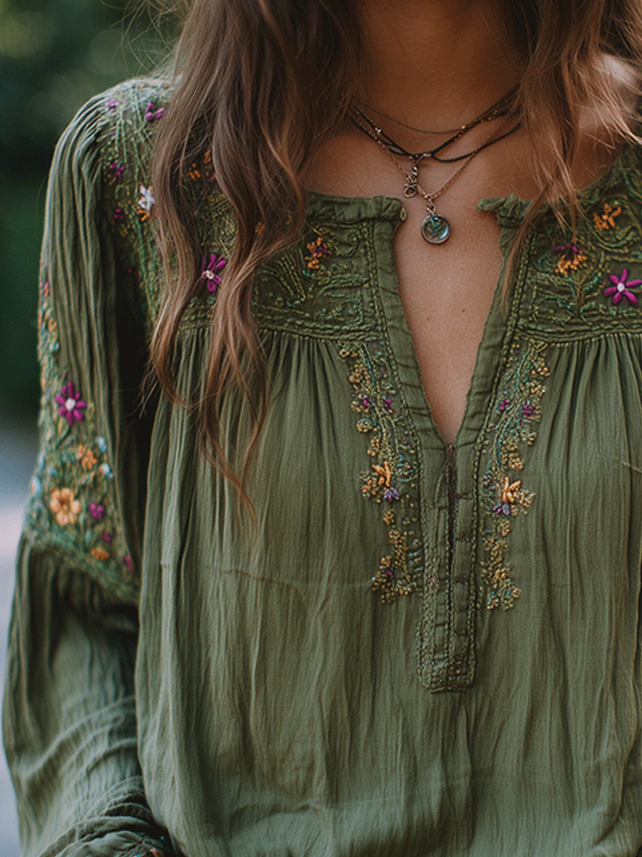 Bohe Floral Embroidered Cotton Olive Green Shirt - Image 2