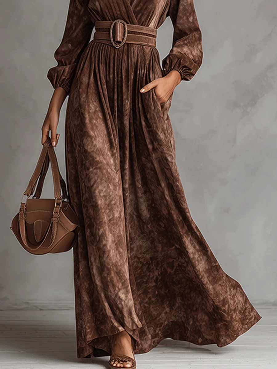 Bohe V-Neck Chocolate Color Belted Print Maxi Dress - Image 2
