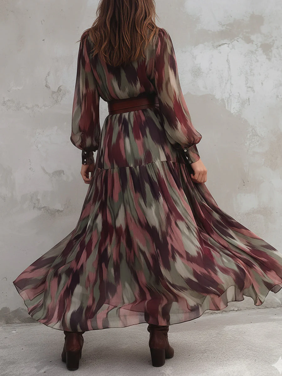 Bohemian Abstract Printed Chiffon Maxi Dress With Belt - Image 3