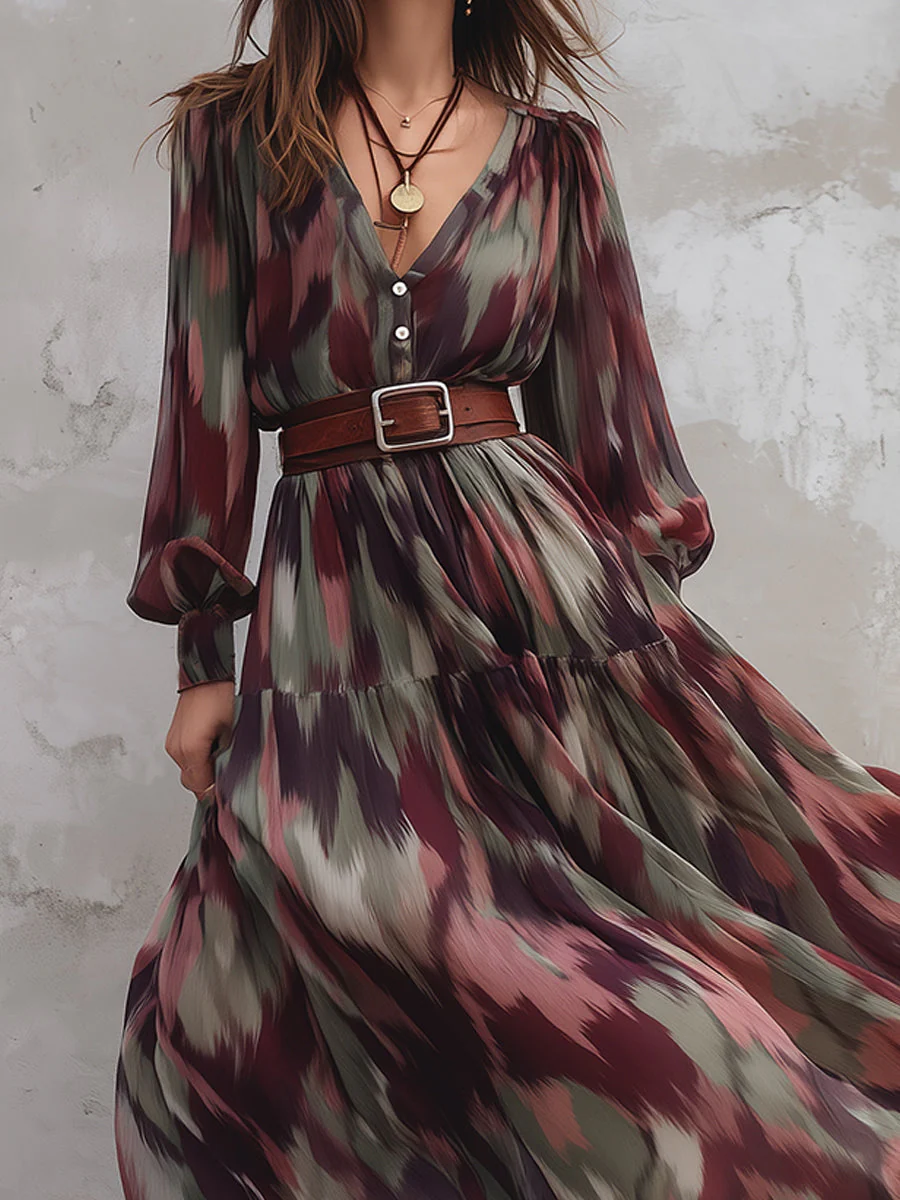 Bohemian Abstract Printed Chiffon Maxi Dress With Belt - Image 4