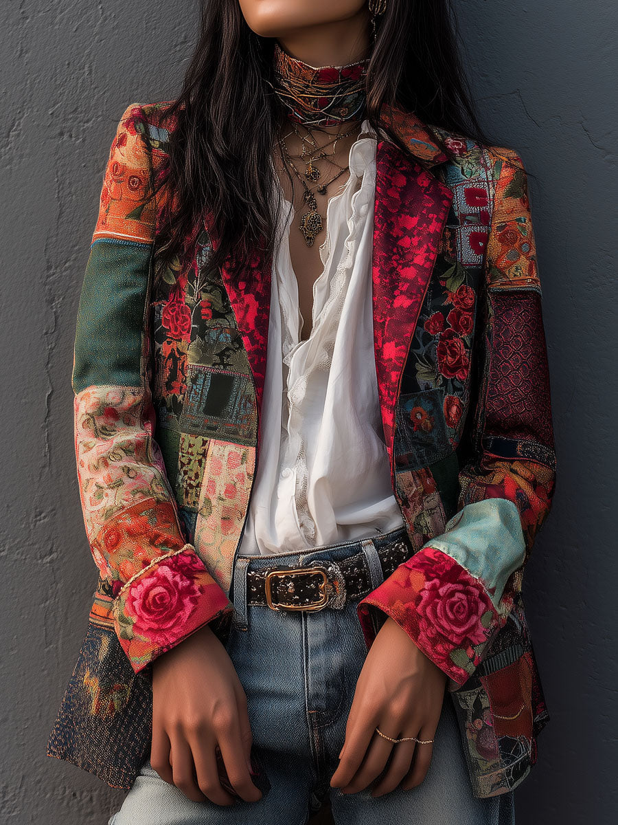 Bohemian Artistic Multicolor Floral Patchwork Print Blazer