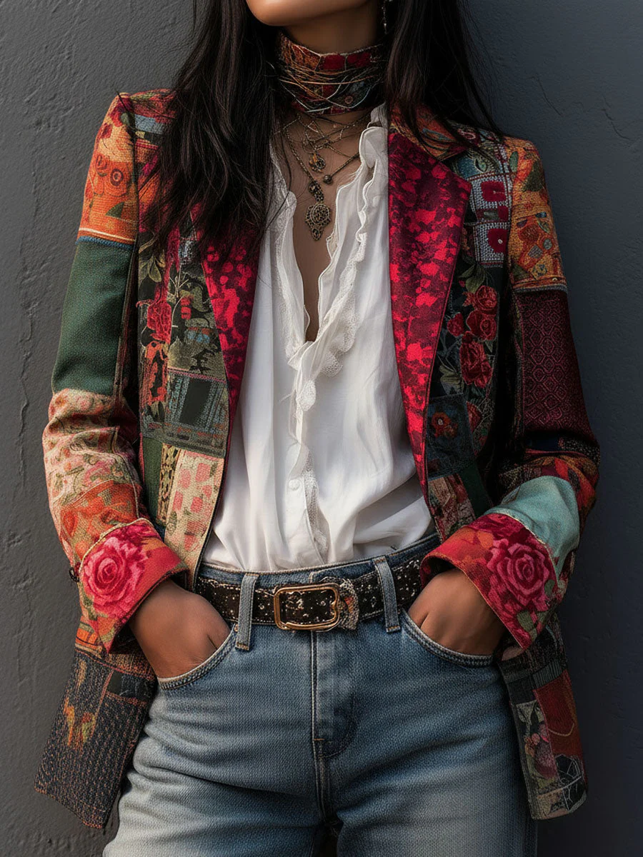 Bohemian Artistic Multicolor Floral Patchwork Print Blazer - Image 2
