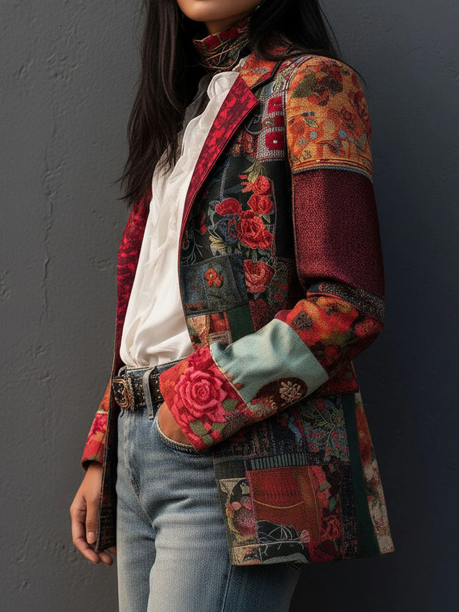 Bohemian Artistic Multicolor Floral Patchwork Print Blazer - Image 3