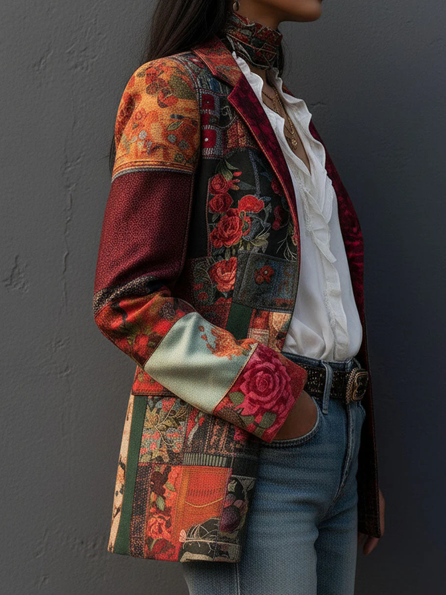 Bohemian Artistic Multicolor Floral Patchwork Print Blazer - Image 4