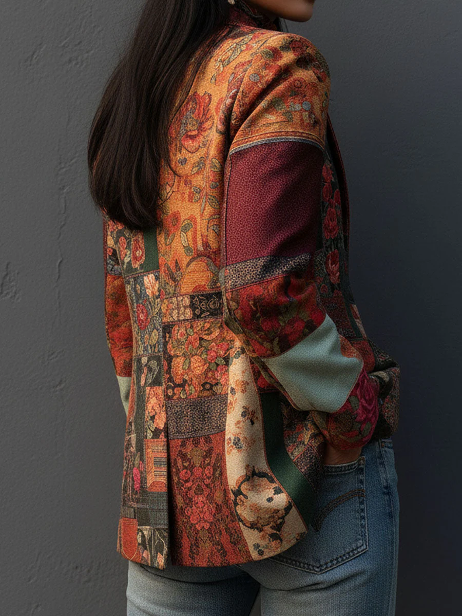 Bohemian Artistic Multicolor Floral Patchwork Print Blazer - Image 5