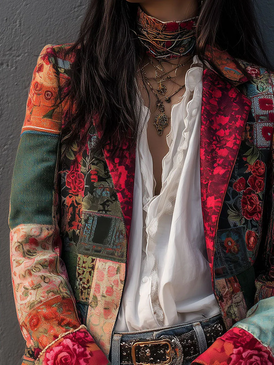 Bohemian Artistic Multicolor Floral Patchwork Print Blazer - Image 6