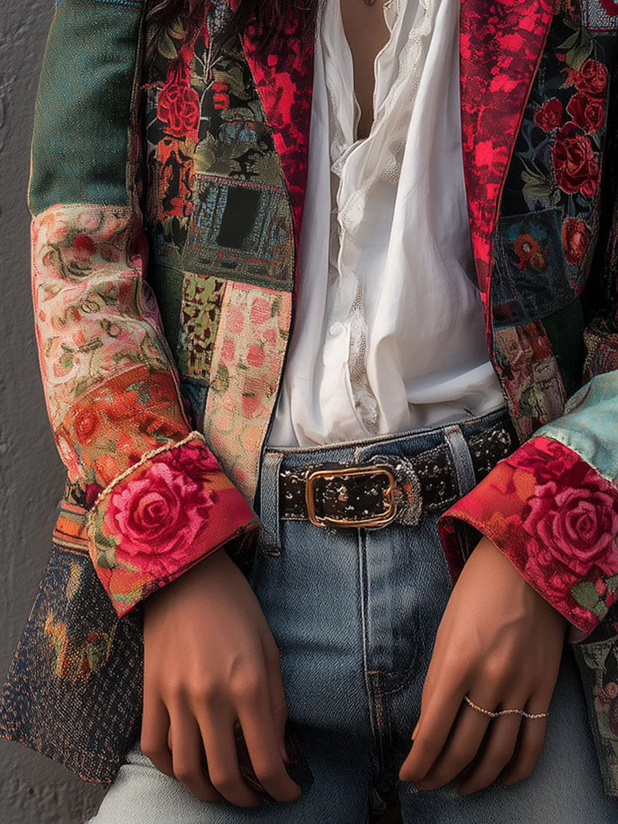 Bohemian Artistic Multicolor Floral Patchwork Print Blazer - Image 7