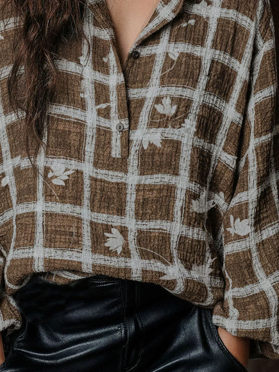 Bohemian Brown Plaid Leaf Print Textured Shirt - Image 2