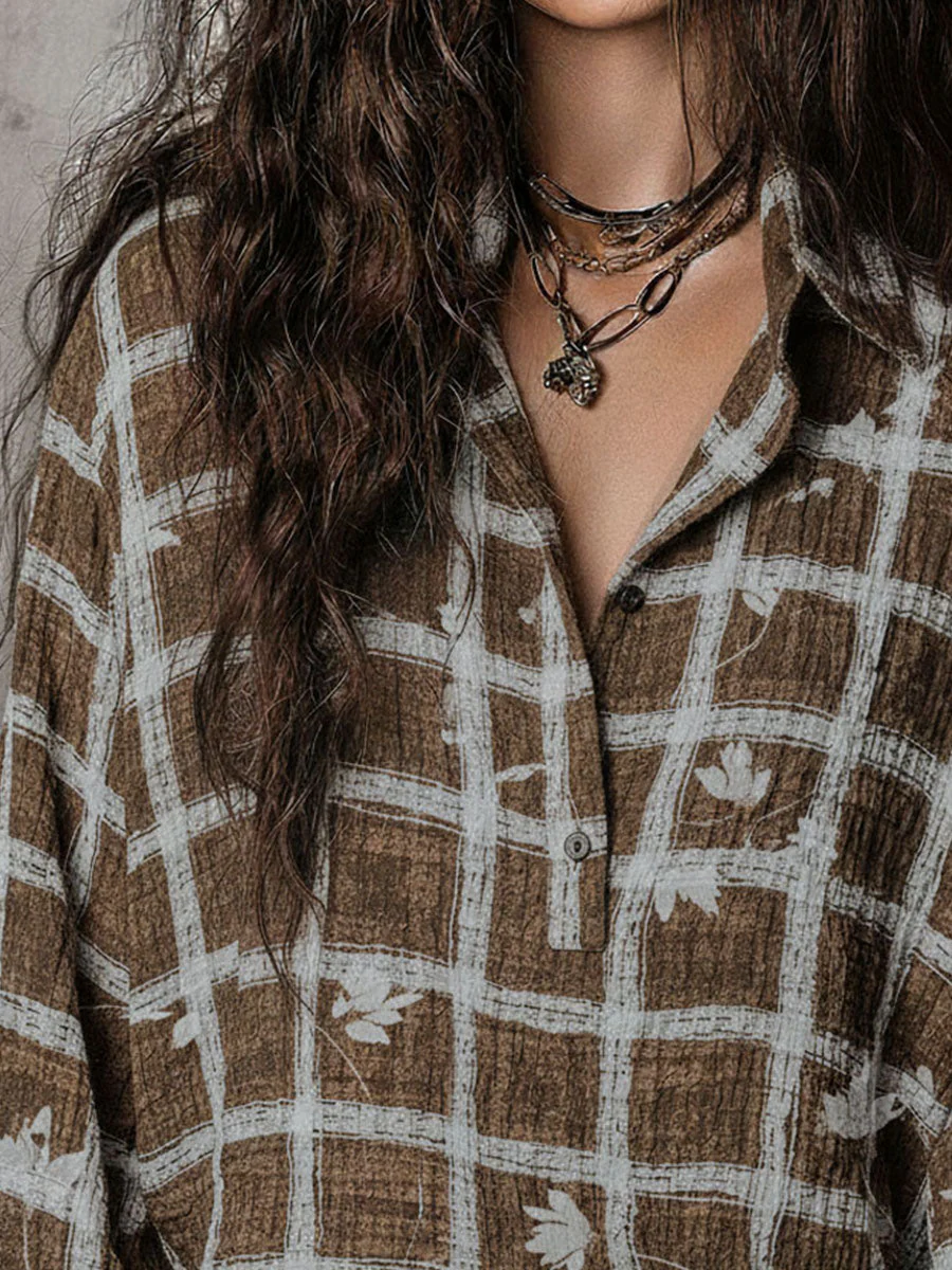 Bohemian Brown Plaid Leaf Print Textured Shirt - Image 3