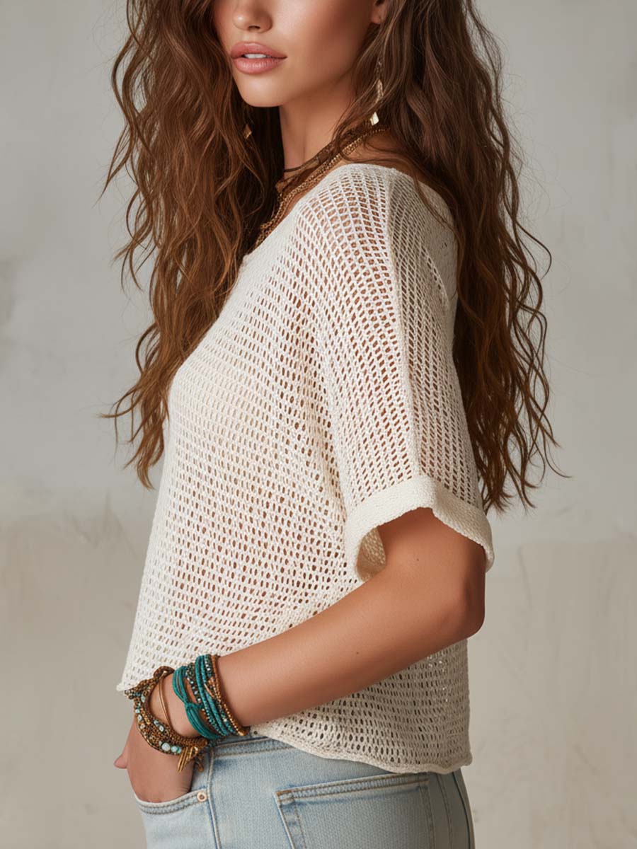 Bohemian Casual Open-Knit Short Sleeve Top - Image 3